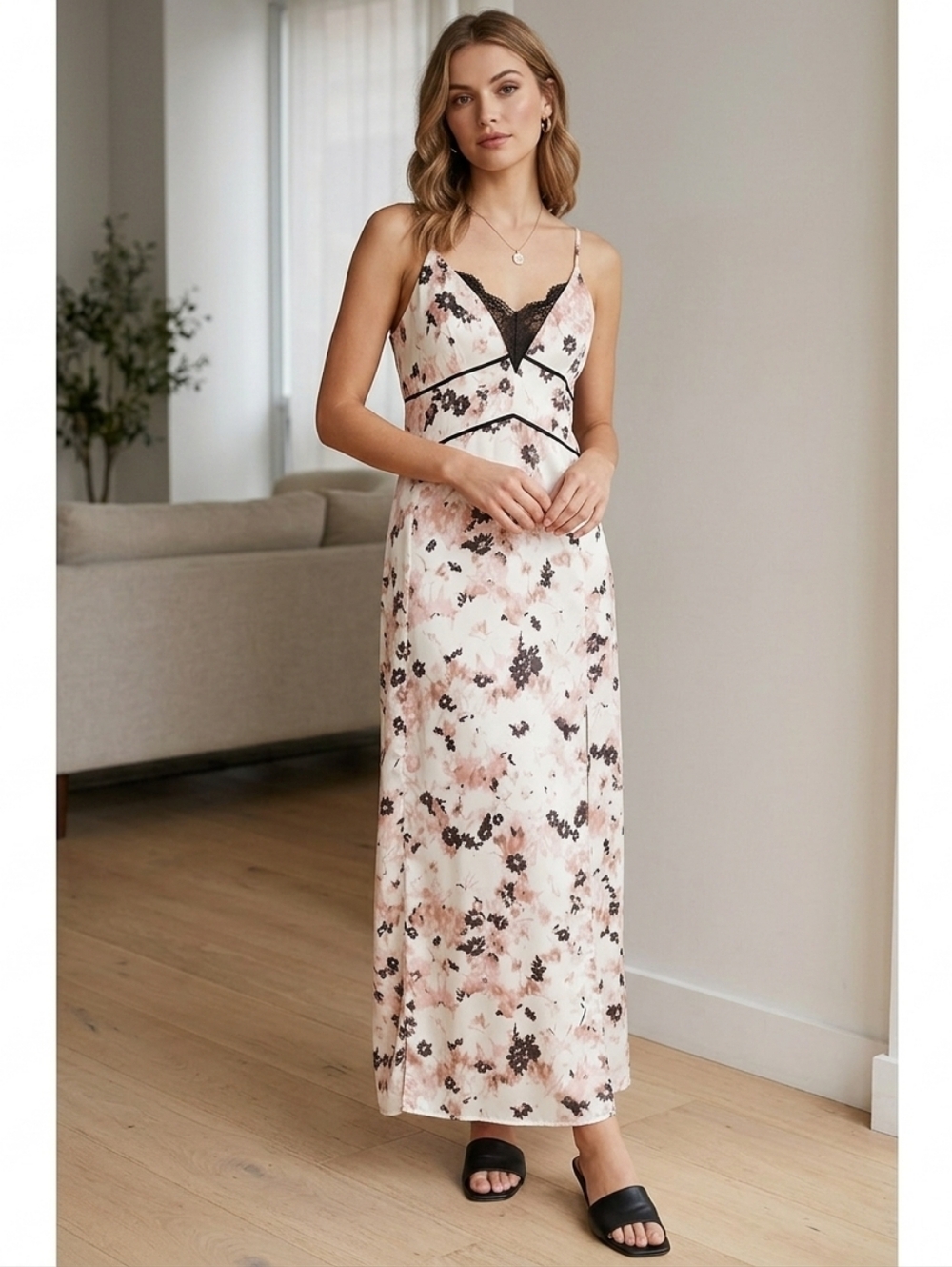 Dynamite Floral Maxi Dress With Spagetti Straps And Feont Slits Size XS